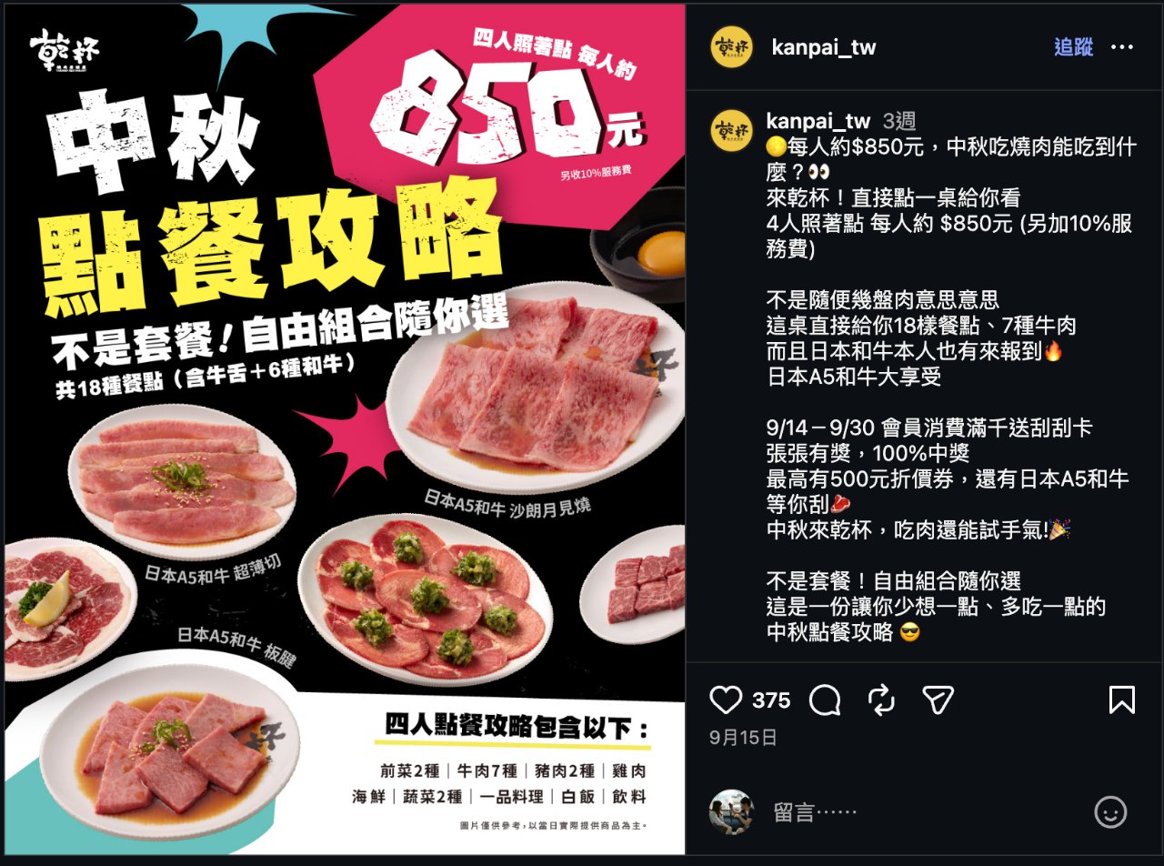 乾杯燒肉居酒屋 Instagram @kanpai_tw 2026 年 9 月 15 日中秋點餐攻略與會員消費滿千送刮刮卡貼文截圖,375 個讚